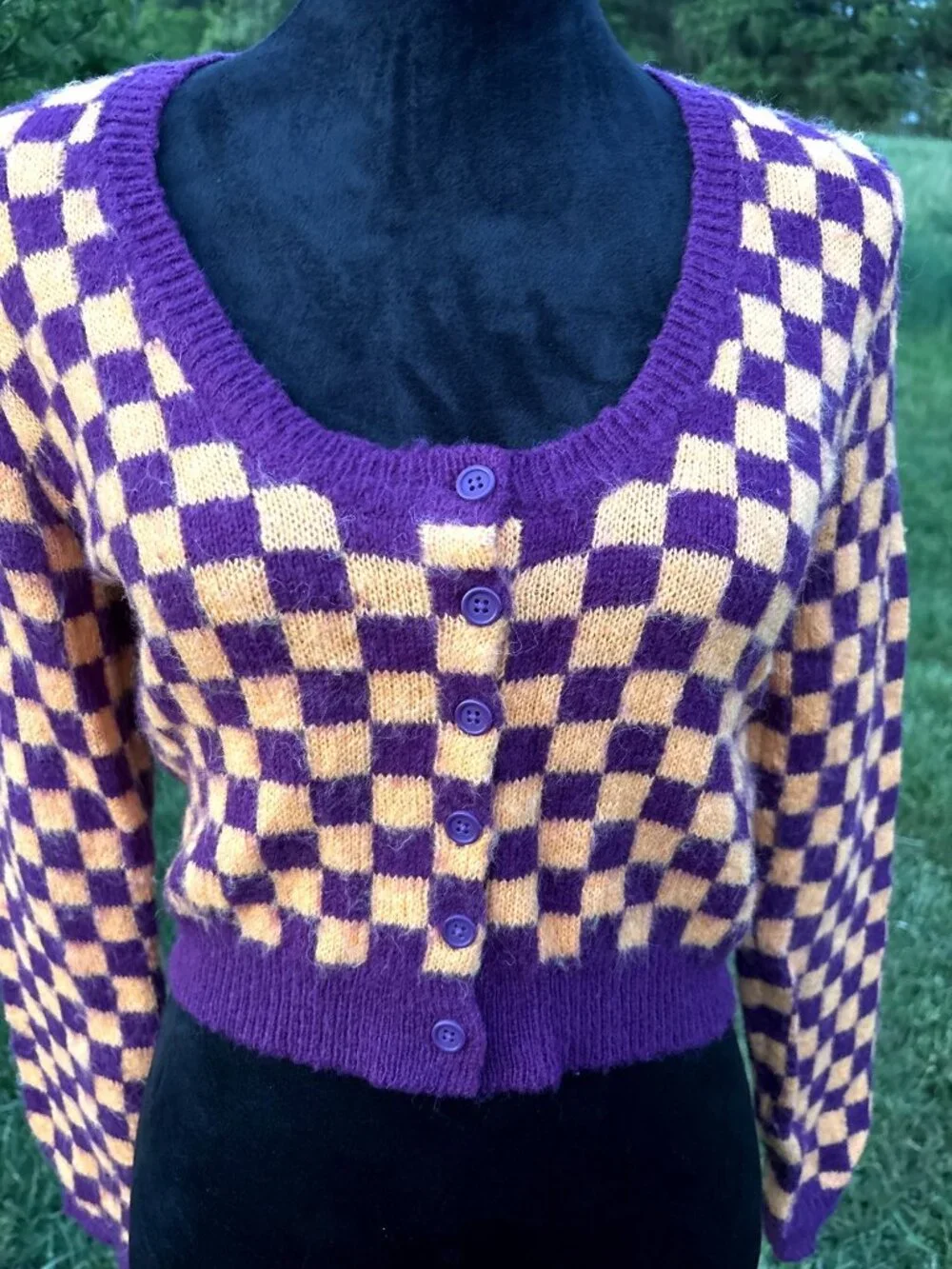 Zara Cropped Cardigan Sz Med Button up Check Wool Blend Knit Retro Vibes Preppy